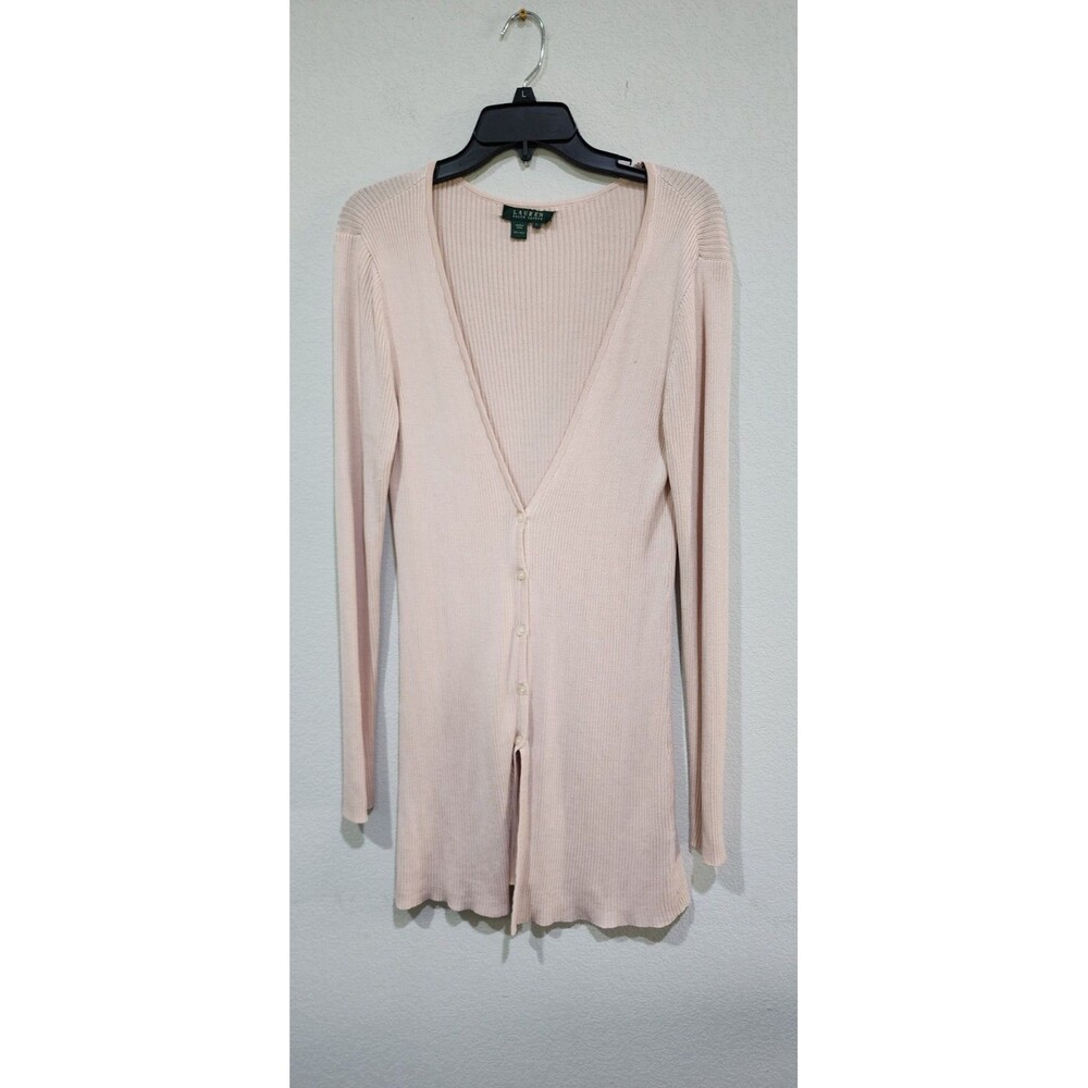 Ralph Lauren Women 100%Silk V-Neck Long Length Cardigan Long Sleeve Dusty Pink L